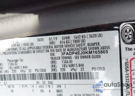 2019 Ford Fiesta Se из США, поврежденный, VIN 3FADP4EJ0KM165865